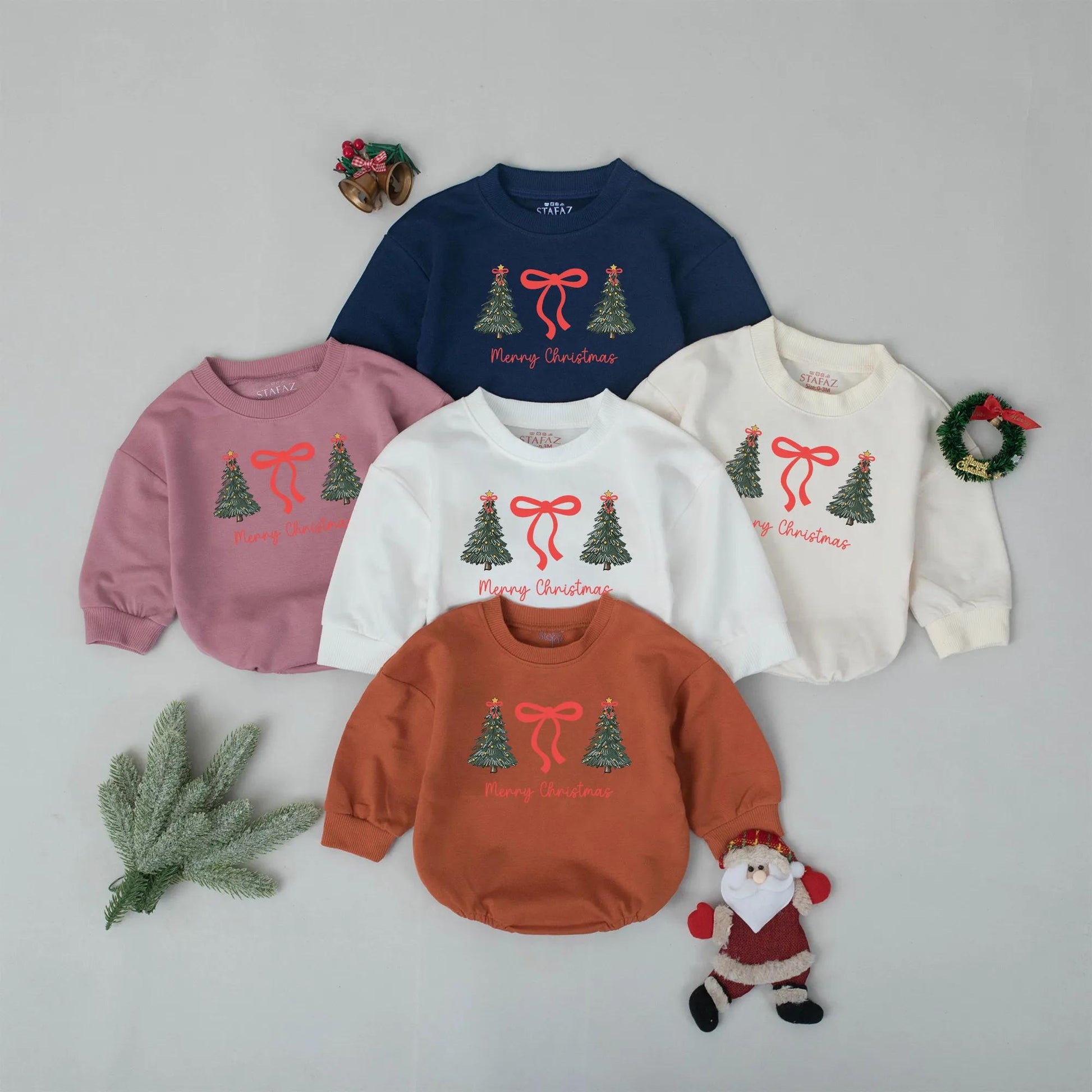 Cute Christmas Tree Bubble Romper Baby's First Christmas Outfit Holiday Bodysuit Newborn Xmas Gift Cheerful Green Trees Red Bow Clothes, 134 chars