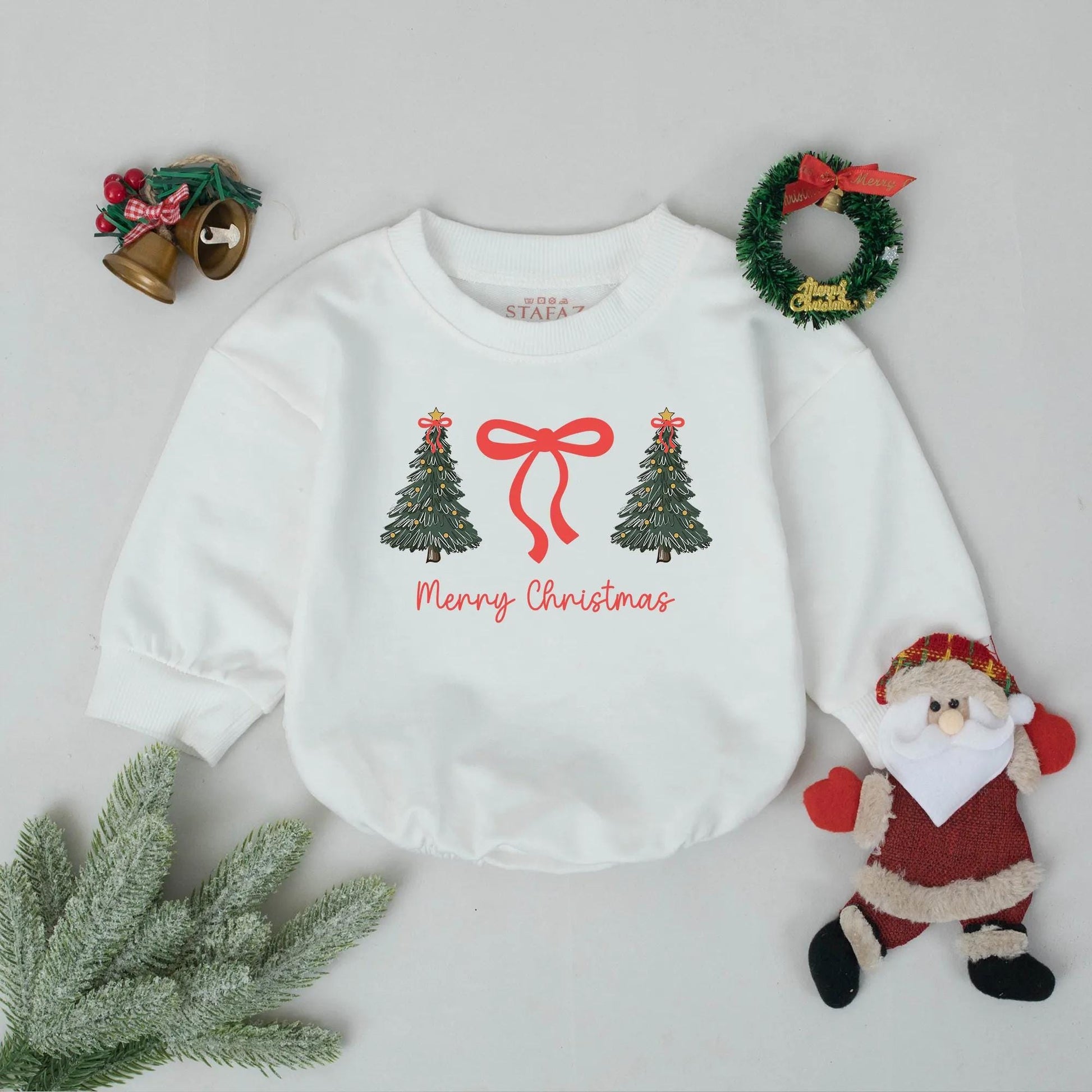 Cute Christmas Tree Bubble Romper Baby's First Christmas Outfit Holiday Bodysuit Newborn Xmas Gift Cheerful Green Trees Red Bow Clothes, 134 chars