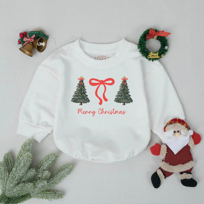 Cute Christmas Tree Bubble Romper Baby's First Christmas Outfit Holiday Bodysuit Newborn Xmas Gift Cheerful Green Trees Red Bow Clothes, 134 chars