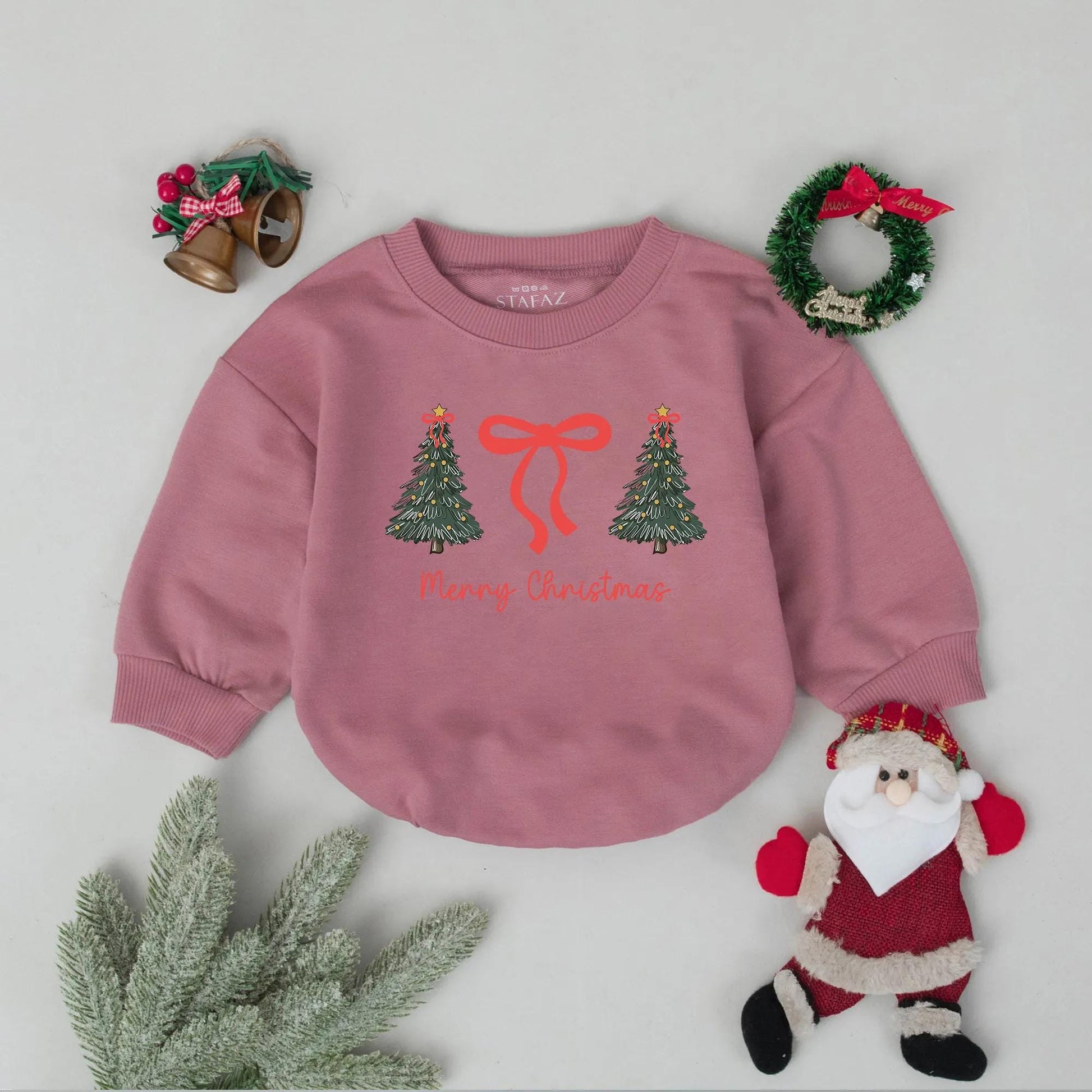 Cute Christmas Tree Bubble Romper Baby's First Christmas Outfit Holiday Bodysuit Newborn Xmas Gift Cheerful Green Trees Red Bow Clothes, 134 chars