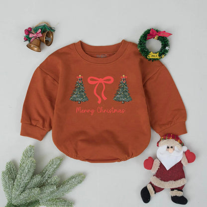 Cute Christmas Tree Bubble Romper Baby's First Christmas Outfit Holiday Bodysuit Newborn Xmas Gift Cheerful Green Trees Red Bow Clothes, 134 chars