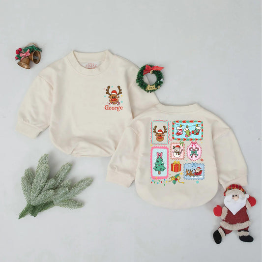 Custom Name Christmas Baby Bodysuit Reindeer Santa Hat Design Vintage Holiday Stamps Festive Colors Toddler Outfit Newborn Keepsake Gift