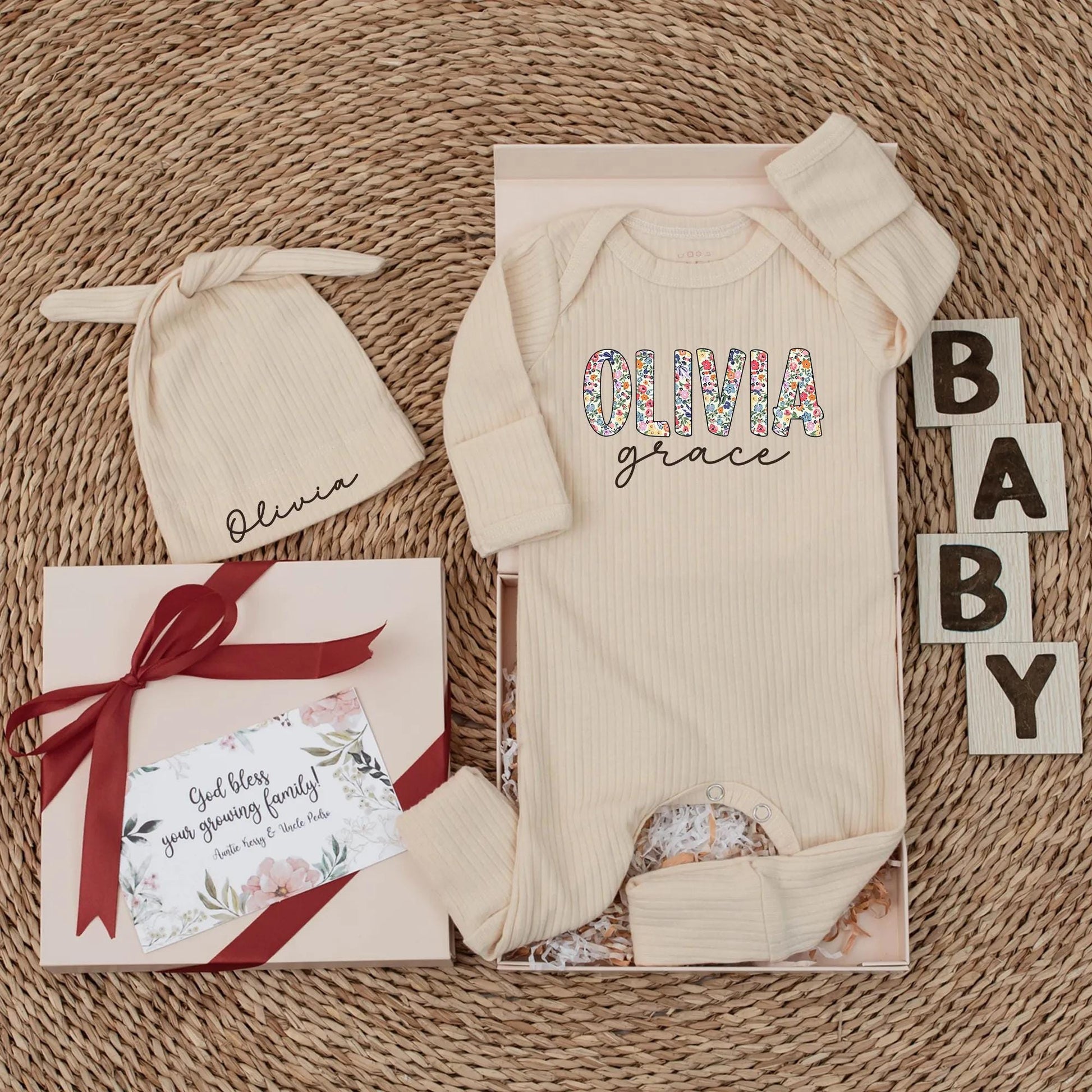 Personalized Olivia Floral Bodysuit, Grace Name, Custom Baby Girl Outfit, Wildflower Newborn Coming Home Outfit, Sweet Baby Shower Gift, Botanical Onesie (139 chars)