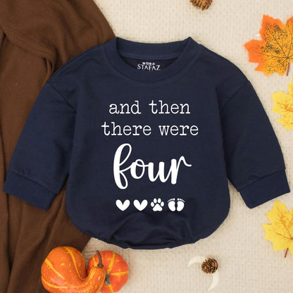And Then There Were Four Baby Announcement Bubble Romper with Hearts Paw Print Footprints, a sweet Pregnancy Reveal Outfit or New Sibling Gift