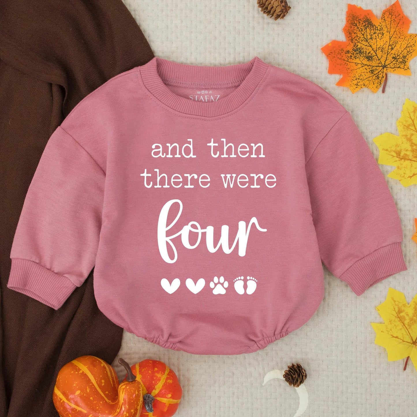 And Then There Were Four Baby Announcement Bubble Romper with Hearts Paw Print Footprints, a sweet Pregnancy Reveal Outfit or New Sibling Gift