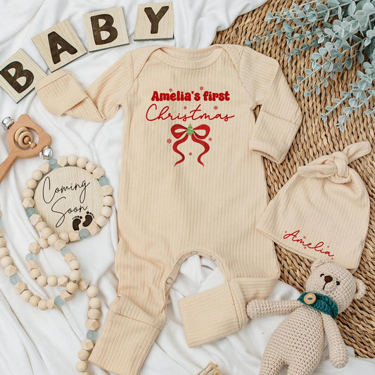 Personalized Baby's First Christmas Bodysuit with Bow and Christmas Tree Design for Girls - Adorable Newborn Xmas Outfit and Baby Shower Gift Idea