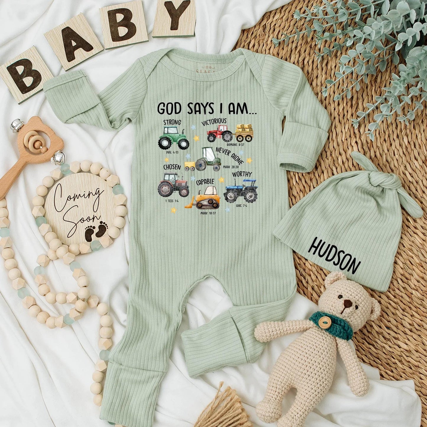 God Says I Am Baby Boy Bodysuit Farm Tractor Outfit Christian Gift Newborn Baby Shower, Bible Verse Romper
