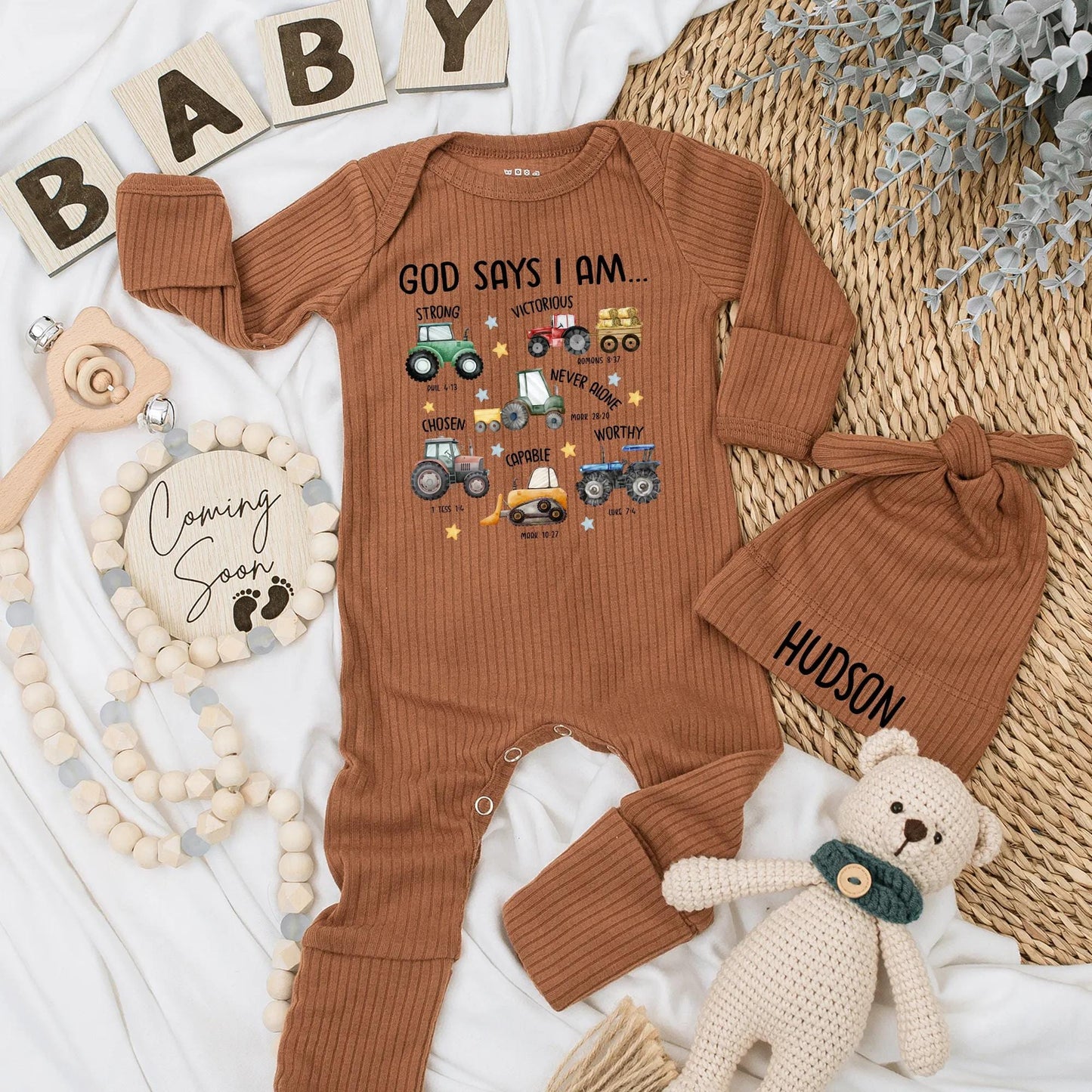 God Says I Am Baby Boy Bodysuit Farm Tractor Outfit Christian Gift Newborn Baby Shower, Bible Verse Romper