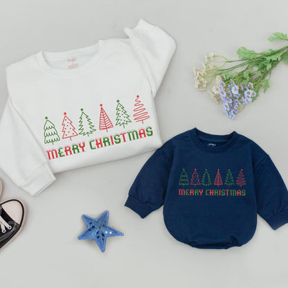 Matching Family Christmas Sweatshirts with Dripping Snow Letters Festive Holiday Pajamas Merry Christmas Tree Outfits, Cute Mommy and Me Matching Outfits 