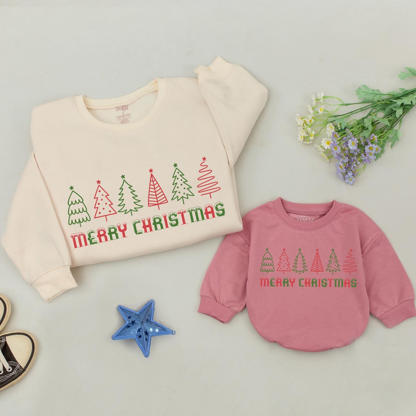 Matching Family Christmas Sweatshirts with Dripping Snow Letters Festive Holiday Pajamas Merry Christmas Tree Outfits, Cute Mommy and Me Matching Outfits 