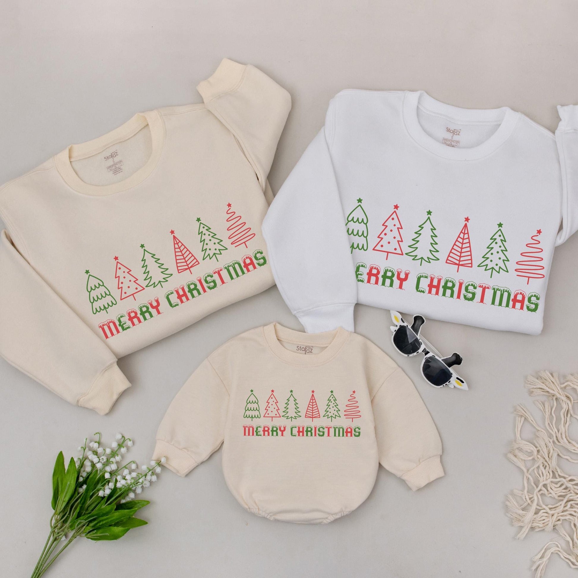 Matching Family Christmas Sweatshirts with Dripping Snow Letters Festive Holiday Pajamas Merry Christmas Tree Outfits, Cute Mommy and Me Matching Outfits 