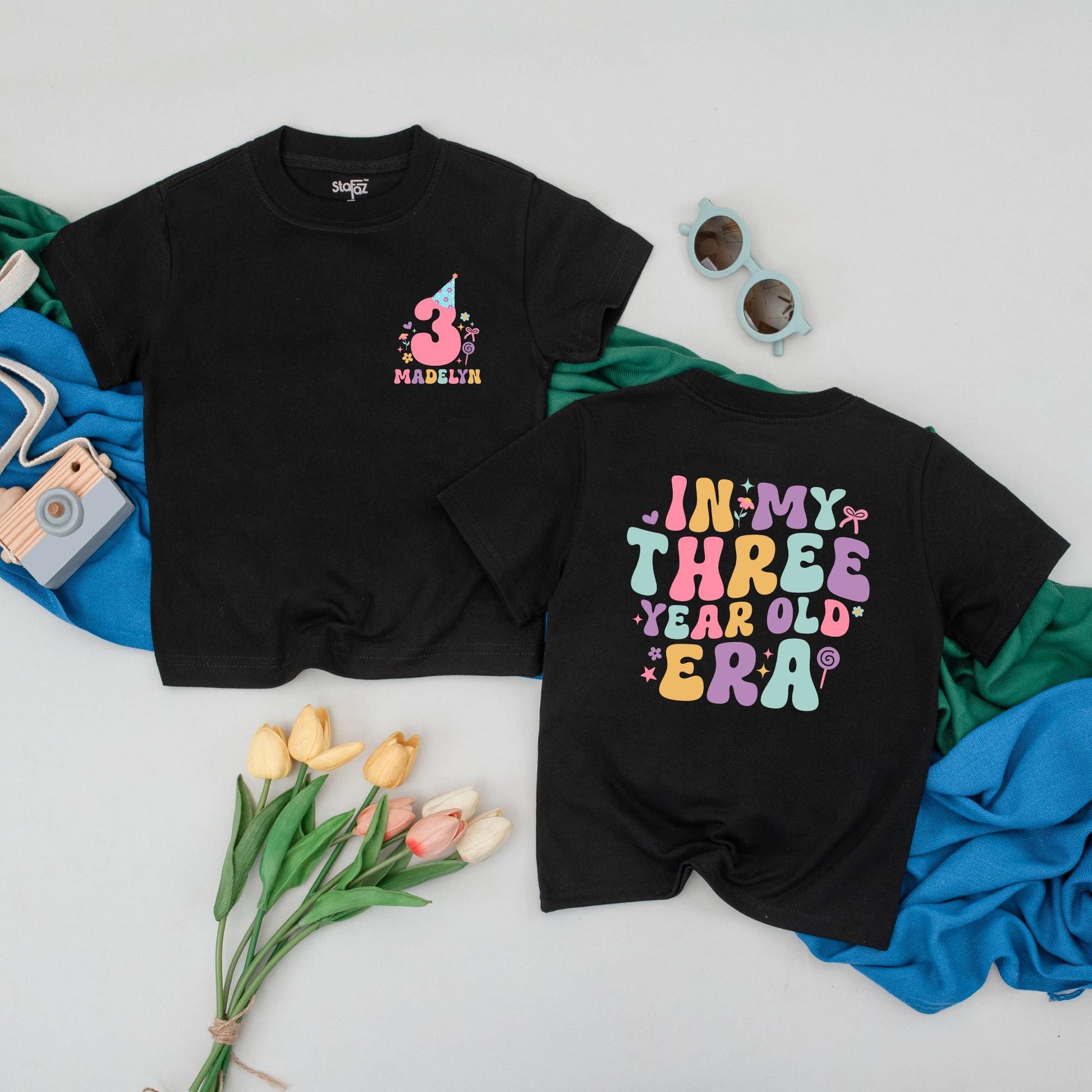 Personalized In My Three Year Old Era T-Shirt Retro Party Hat Madelyn Custom Name Girl 3rd Birthday Outfit Toddler Fun Colorful Gift Idea Soft Cotton