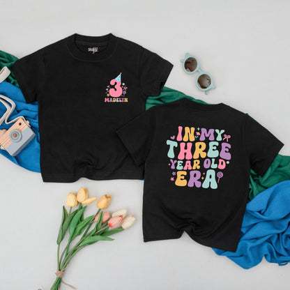 Personalized In My Three Year Old Era T-Shirt Retro Party Hat Madelyn Custom Name Girl 3rd Birthday Outfit Toddler Fun Colorful Gift Idea Soft Cotton