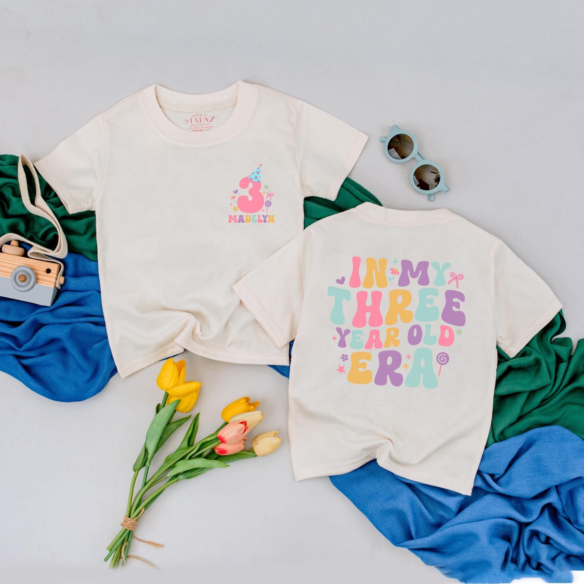 Personalized In My Three Year Old Era T-Shirt Retro Party Hat Madelyn Custom Name Girl 3rd Birthday Outfit Toddler Fun Colorful Gift Idea Soft Cotton