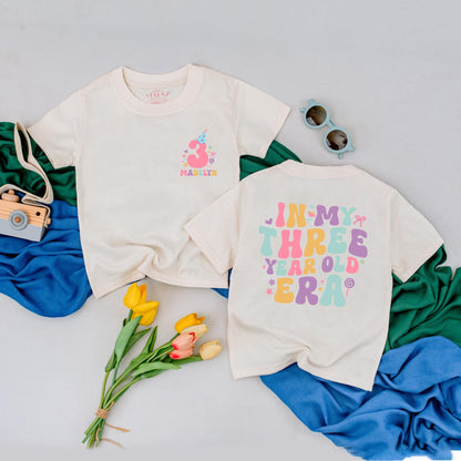 Personalized In My Three Year Old Era T-Shirt Retro Party Hat Madelyn Custom Name Girl 3rd Birthday Outfit Toddler Fun Colorful Gift Idea Soft Cotton