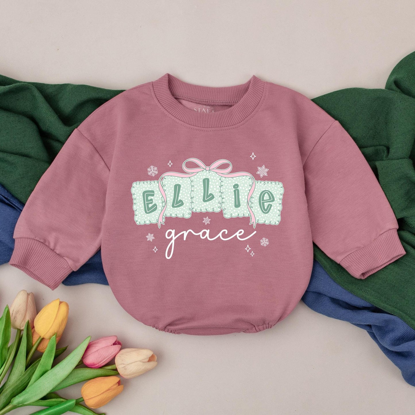 Personalized Girly Christmas Bubble Romper Baby First Christmas Bodysuit Custom Name Toddler Outfit Baby Girl Christmas Gift