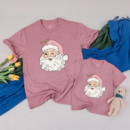 Retro Pink Santa Matching Family T-Shirts Vintage Christmas Cute Winking Santa Holiday Tees for Mom and Me