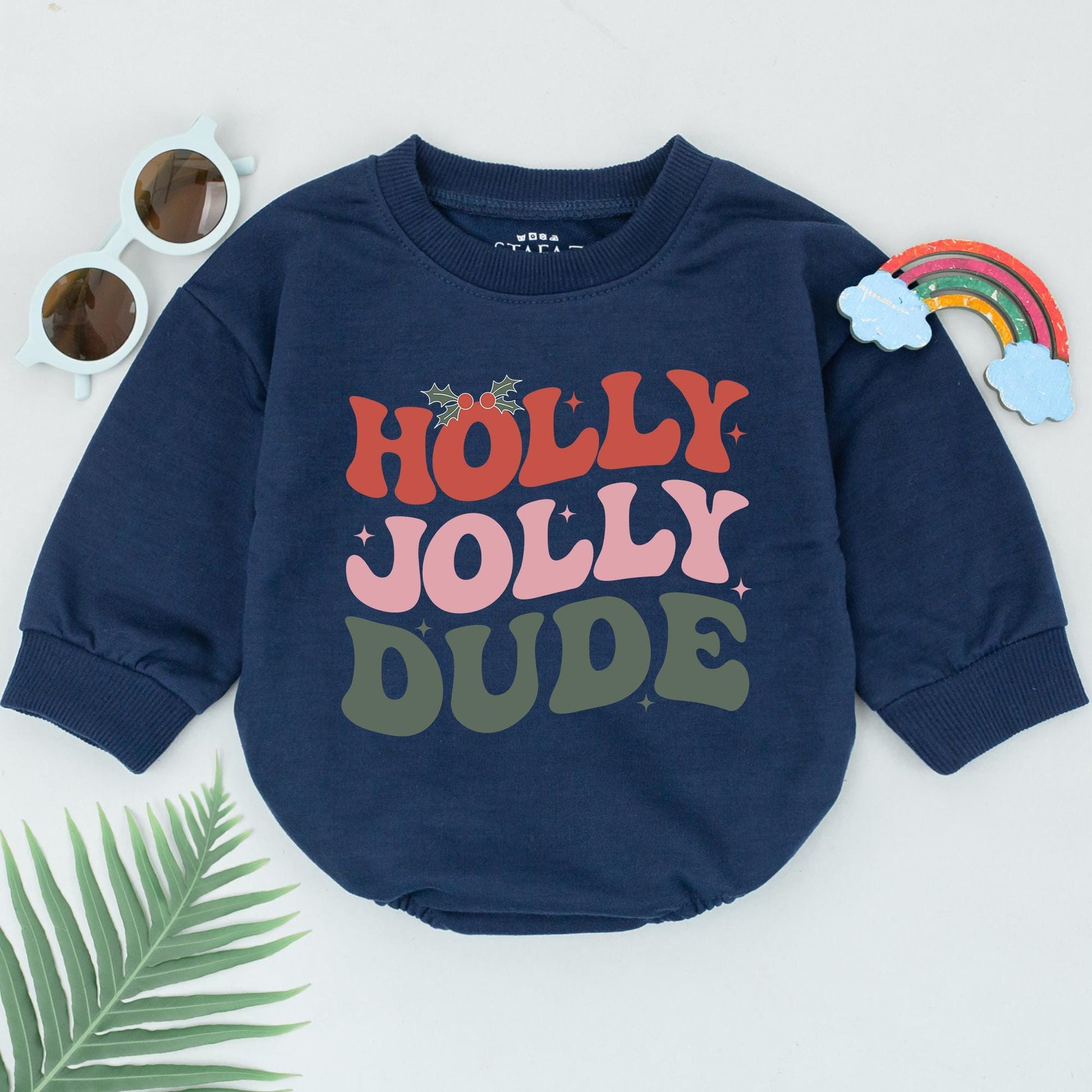 Holly Jolly Dude Bubble Romper First Christmas Bodysuit Newborn Baby Outfit Infant Xmas Clothes Funny Holiday Gift for Baby Shower