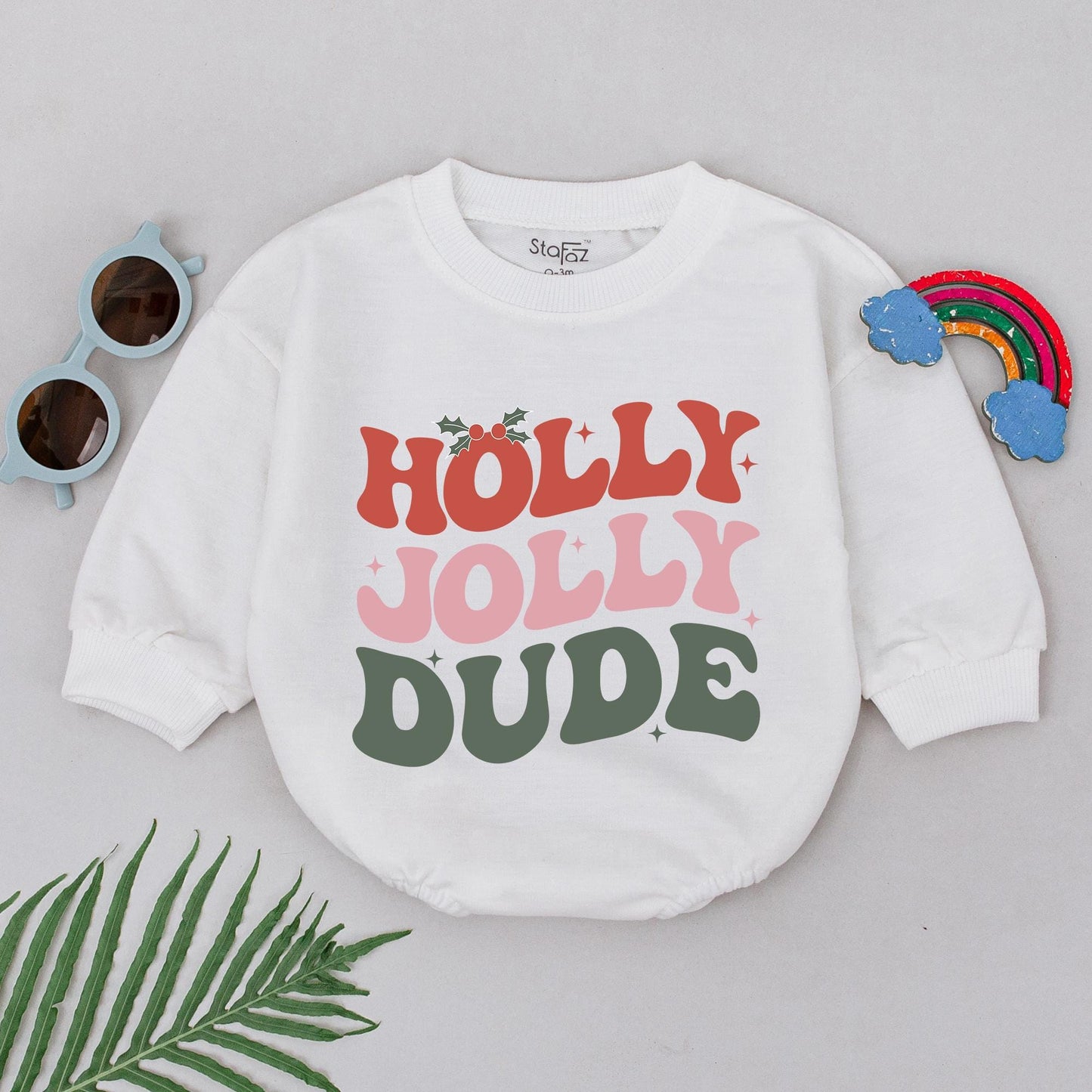 Holly Jolly Dude Bubble Romper First Christmas Bodysuit Newborn Baby Outfit Infant Xmas Clothes Funny Holiday Gift for Baby Shower