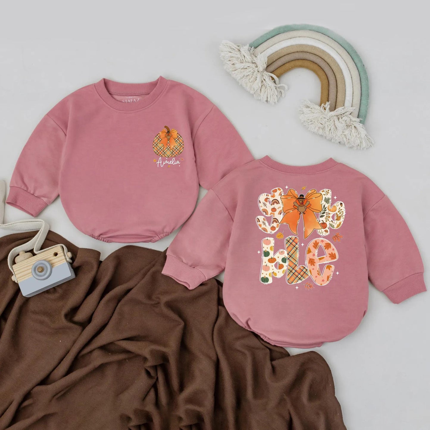 Custom Gobble Turkey Romper for Girl's First Thanksgiving Outfit with Personalized Name Baby Shower Gift Gobble Gobble