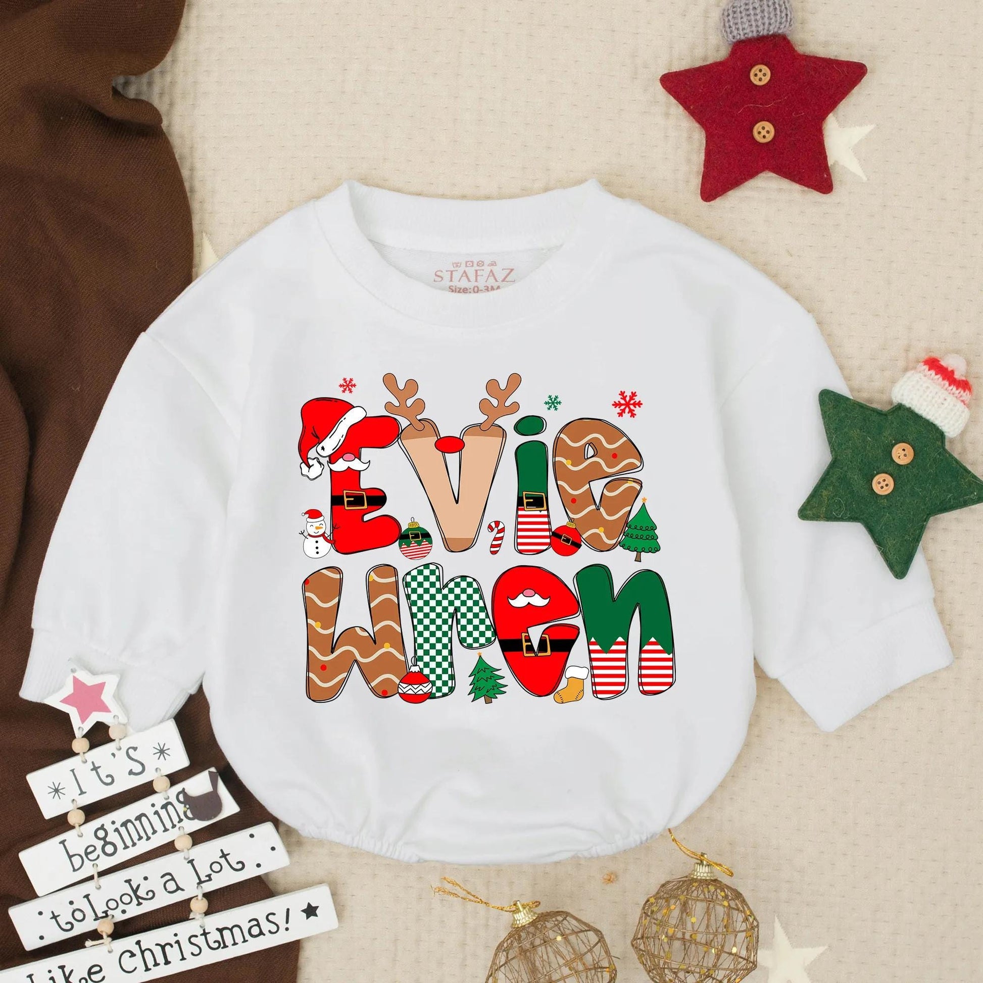 Personalized Christmas Romper Evie When Name Outfit, Custom Holiday Baby Girl Clothes, Festive Xmas Toddler Gift, Preppy Monogrammed Infant Romper Set