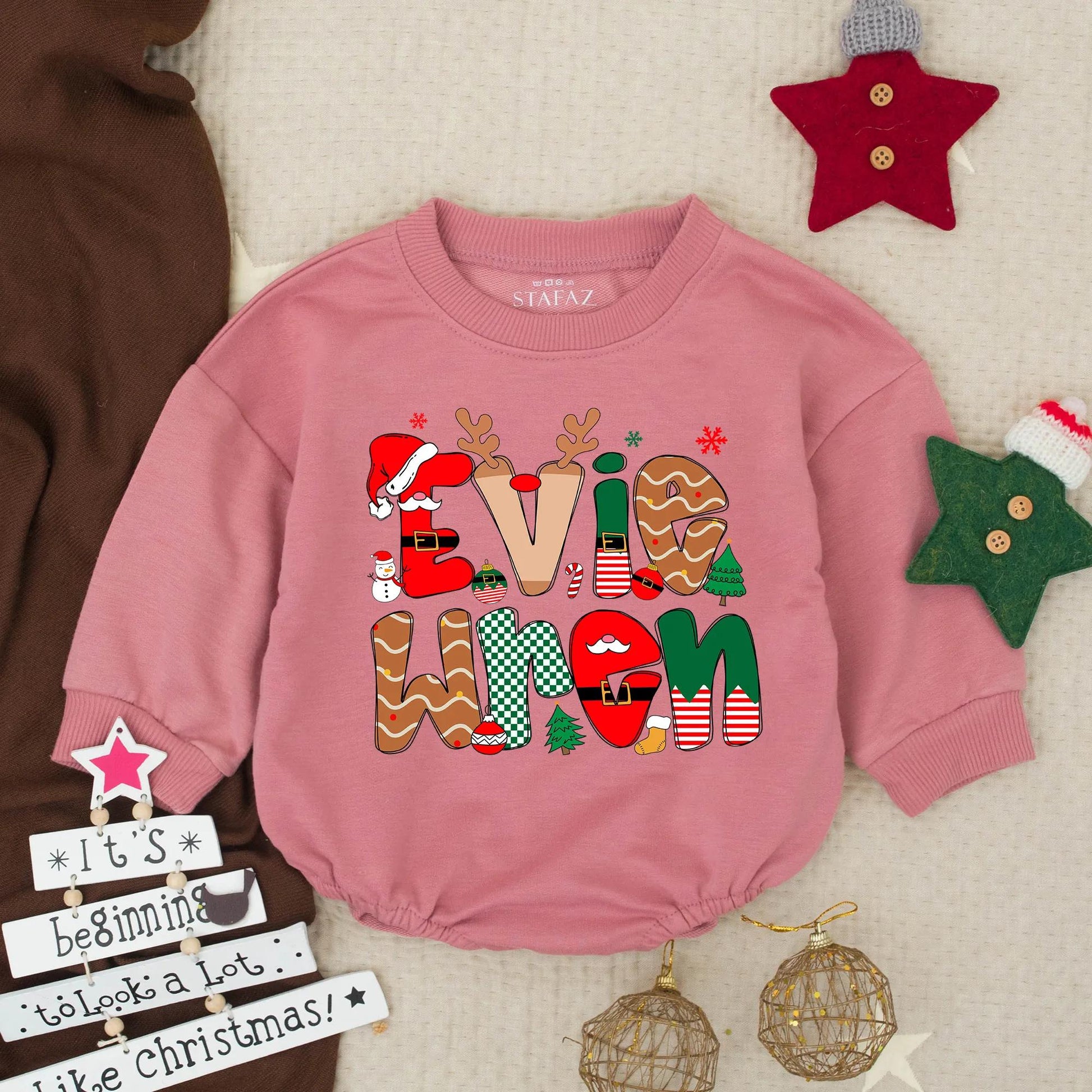 Personalized Christmas Romper Evie When Name Outfit, Custom Holiday Baby Girl Clothes, Festive Xmas Toddler Gift, Preppy Monogrammed Infant Romper Set