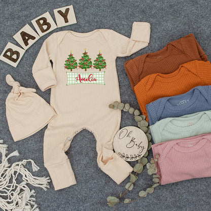 Personalized Christmas Tree Baby Bodysuit Hat Set with Your Baby's Name, Newborn Girl Festive Outfit Green Trees White Lights Red Bows