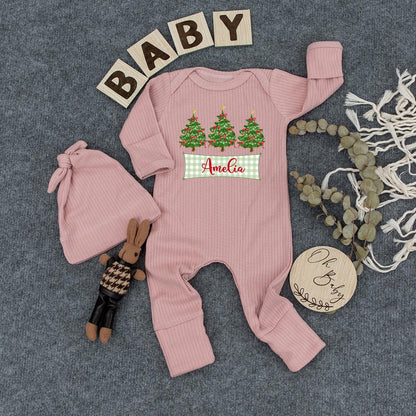 Personalized Christmas Tree Baby Bodysuit Hat Set with Your Baby's Name, Newborn Girl Festive Outfit Green Trees White Lights Red Bows