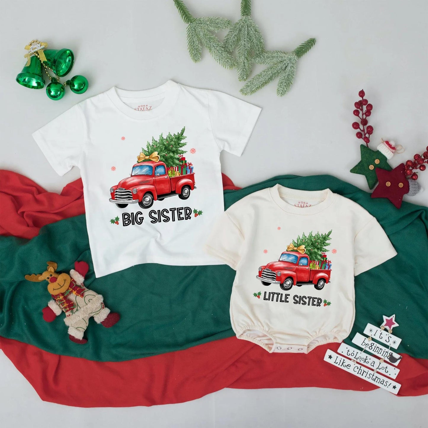 Matching Christmas Big Sister Little Sister Shirts, Vintage Truck Gift, Festive Holiday Outfit for Girls, Baby Sister Christmas Coming Home
