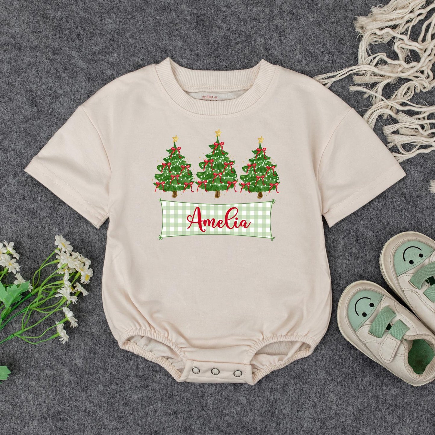 Personalized Baby's First Christmas Romper with Checkered Banner & Trees | Custom Name Xmas Outfit Cute Newborn Holiday Gift Bodysuit for Amelia 139 chars