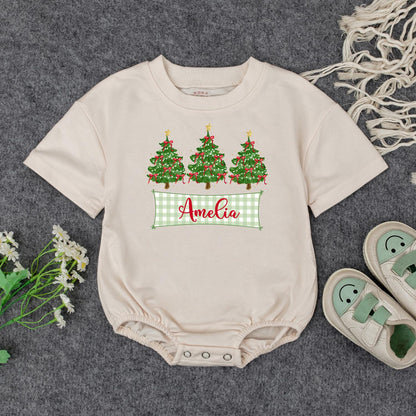 Personalized Baby's First Christmas Romper with Checkered Banner & Trees | Custom Name Xmas Outfit Cute Newborn Holiday Gift Bodysuit for Amelia 139 chars