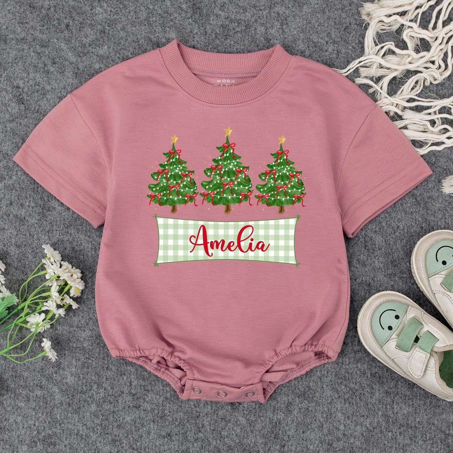 Personalized Baby's First Christmas Romper with Checkered Banner & Trees | Custom Name Xmas Outfit Cute Newborn Holiday Gift Bodysuit for Amelia 139 chars