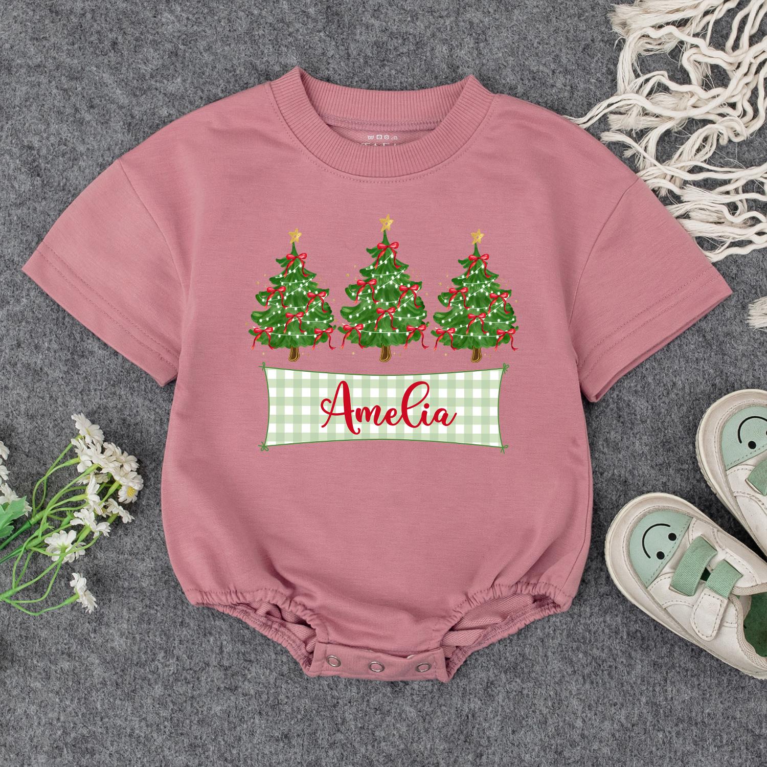 Personalized Baby's First Christmas Romper with Checkered Banner & Trees | Custom Name Xmas Outfit Cute Newborn Holiday Gift Bodysuit for Amelia 139 chars