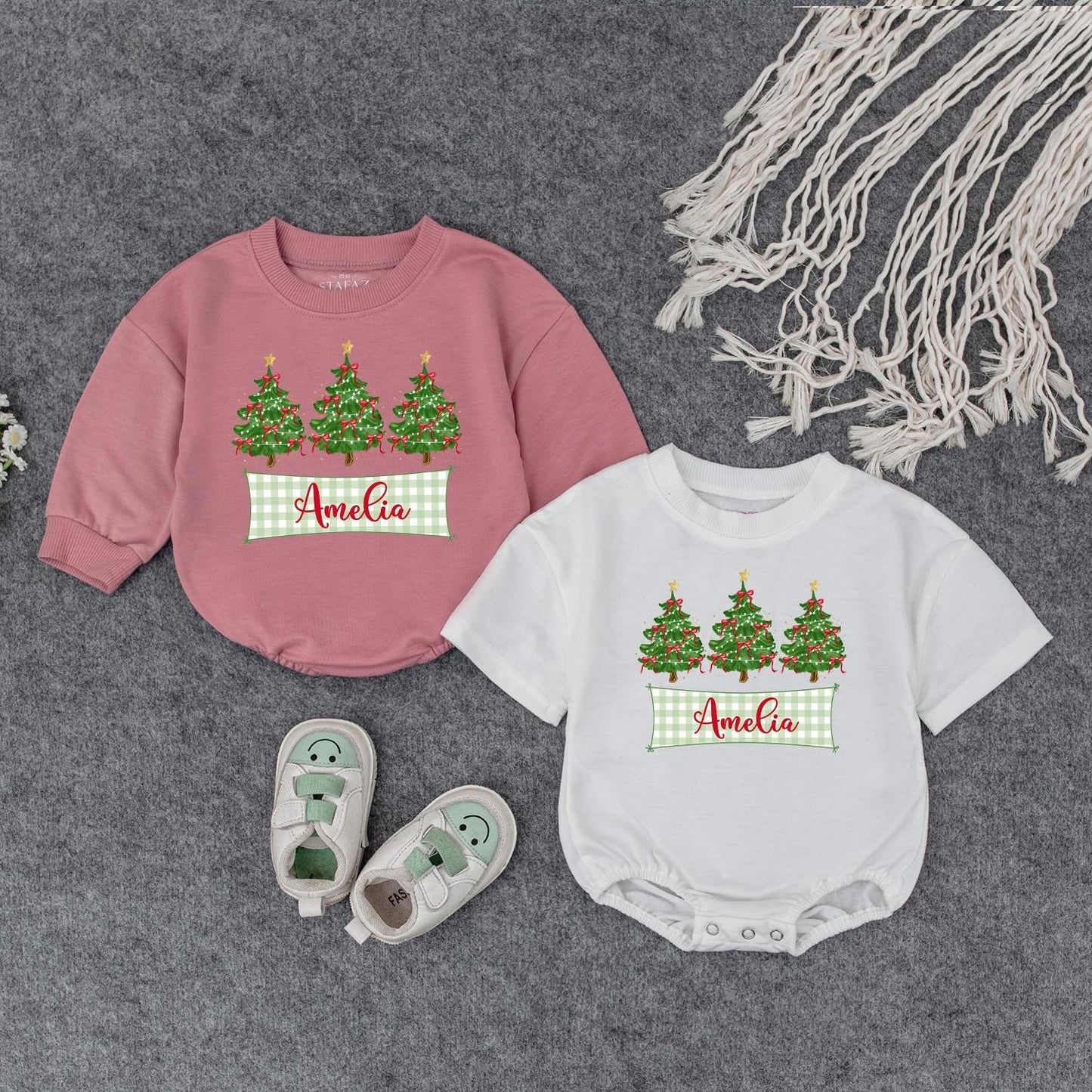 Personalized Baby's First Christmas Romper with Checkered Banner & Trees | Custom Name Xmas Outfit Cute Newborn Holiday Gift Bodysuit for Amelia 139 chars