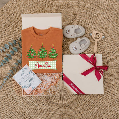 Personalized Baby's First Christmas Romper with Checkered Banner & Trees | Custom Name Xmas Outfit Cute Newborn Holiday Gift Bodysuit for Amelia 139 chars