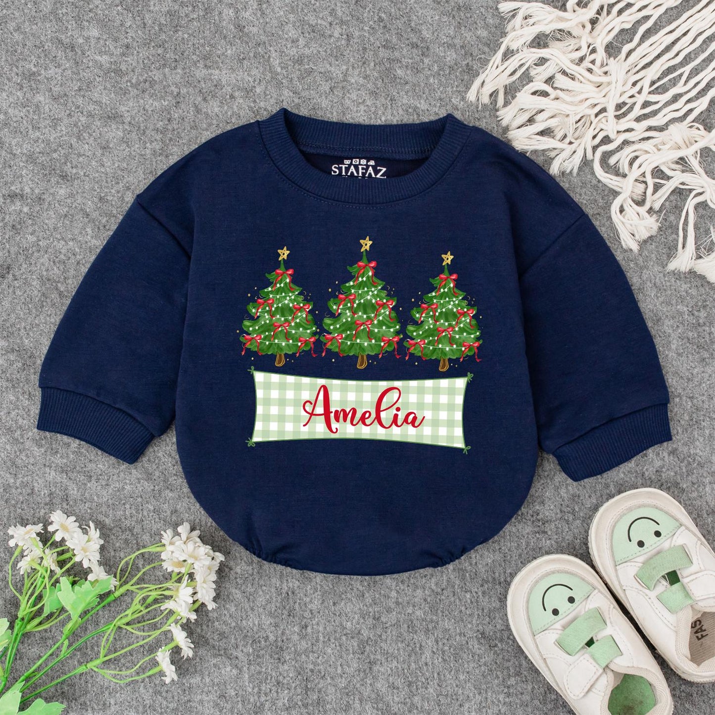 Personalized Baby's First Christmas Romper with Checkered Banner & Trees | Custom Name Xmas Outfit Cute Newborn Holiday Gift Bodysuit for Amelia 139 chars