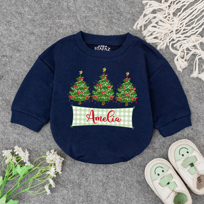 Personalized Baby's First Christmas Romper with Checkered Banner & Trees | Custom Name Xmas Outfit Cute Newborn Holiday Gift Bodysuit for Amelia 139 chars