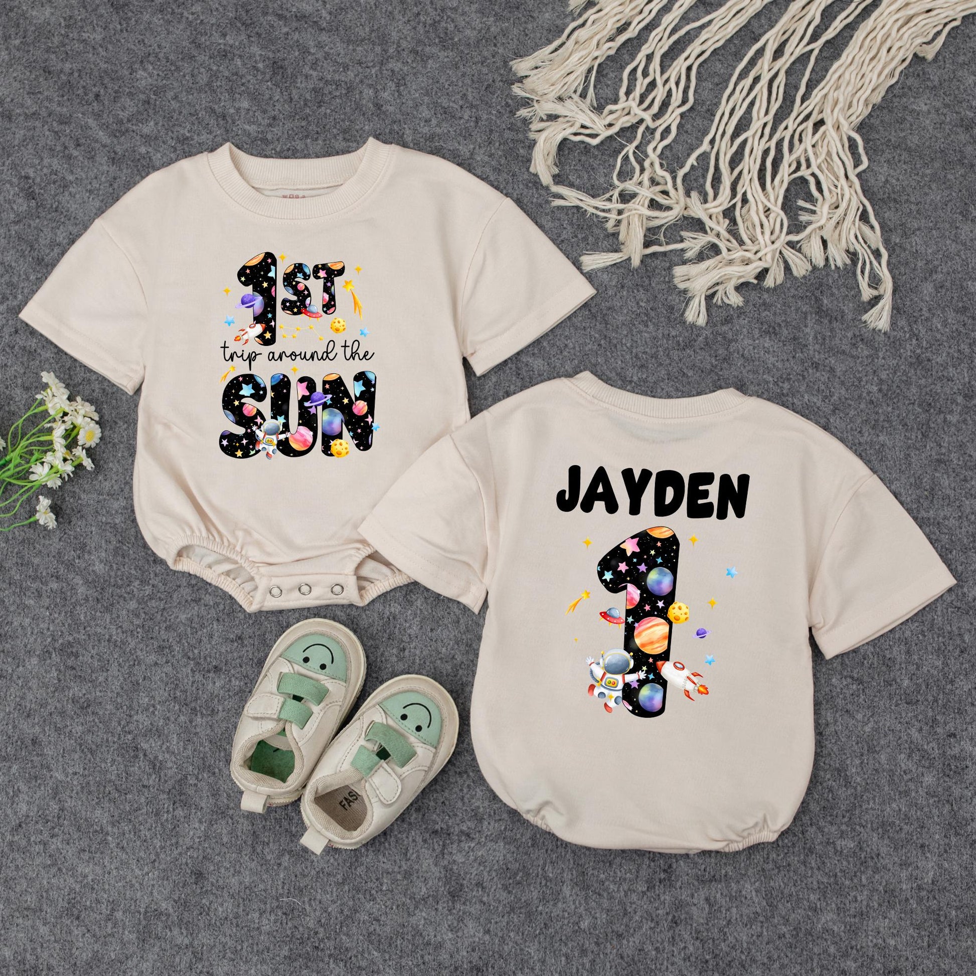 Space-Themed 1st Birthday Romper | Personalized Baby Outfit '1st Trip Around the Sun' | Custom Name Bodysuit | Galaxy Design for Baby Girl or Boy