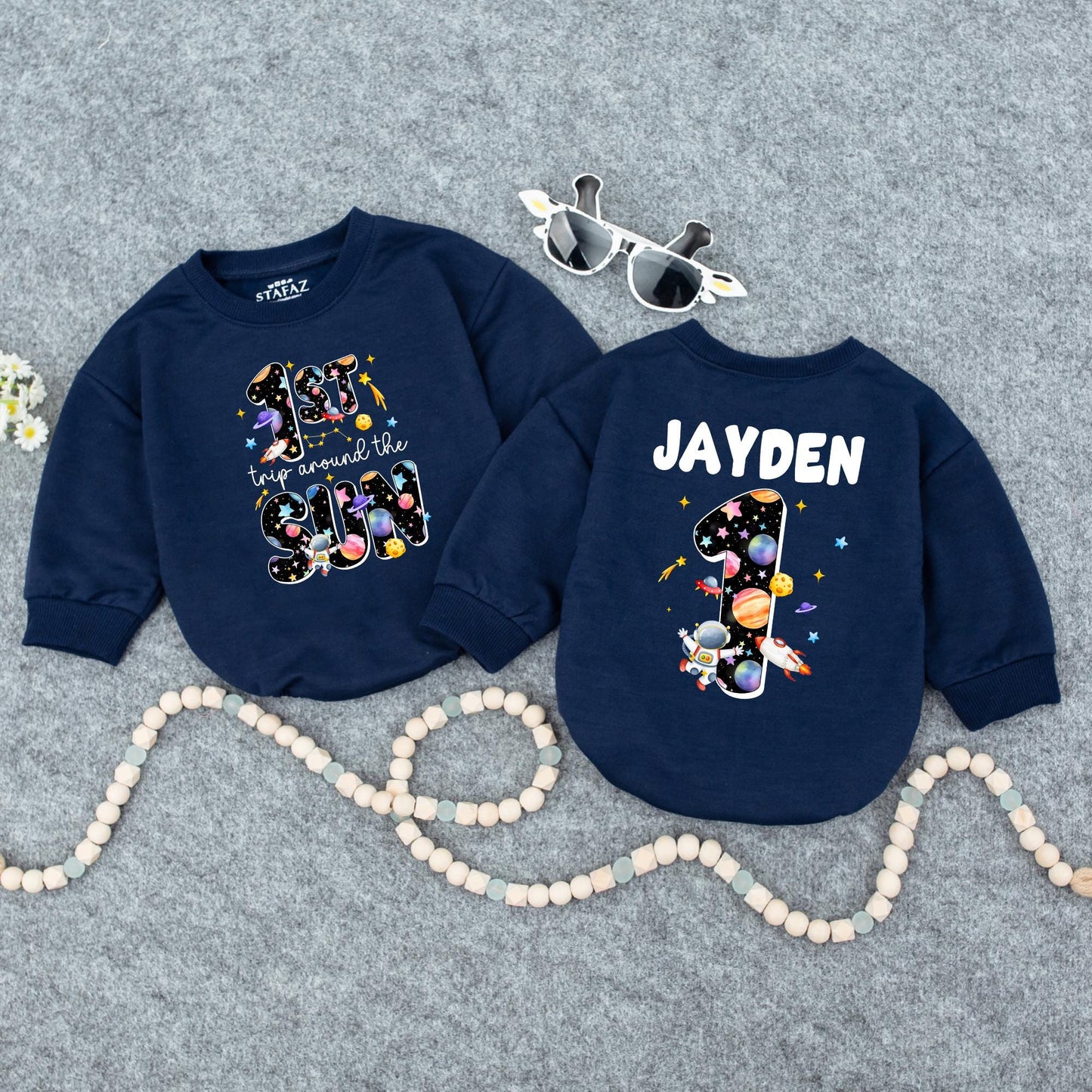 Space-Themed 1st Birthday Romper | Personalized Baby Outfit '1st Trip Around the Sun' | Custom Name Bodysuit | Galaxy Design for Baby Girl or Boy