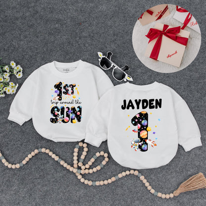 Space-Themed 1st Birthday Romper | Personalized Baby Outfit '1st Trip Around the Sun' | Custom Name Bodysuit | Galaxy Design for Baby Girl or Boy