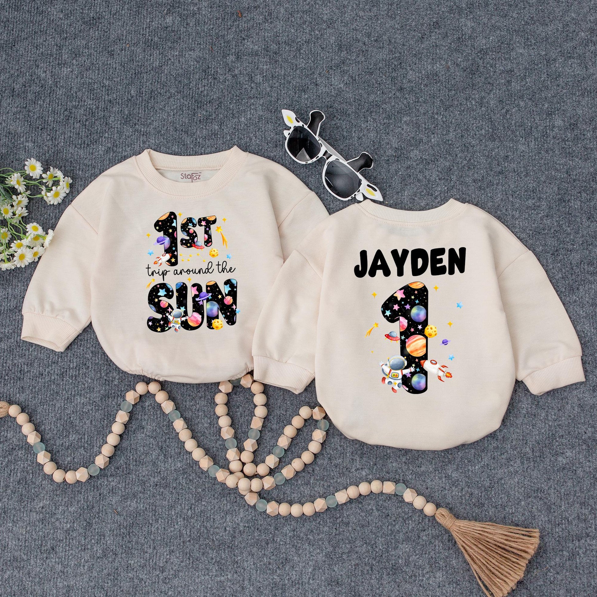 Space-Themed 1st Birthday Romper | Personalized Baby Outfit '1st Trip Around the Sun' | Custom Name Bodysuit | Galaxy Design for Baby Girl or Boy