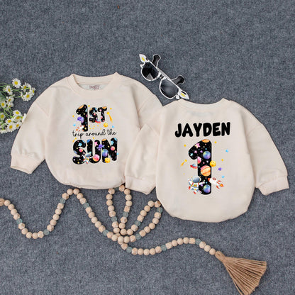Space-Themed 1st Birthday Romper | Personalized Baby Outfit '1st Trip Around the Sun' | Custom Name Bodysuit | Galaxy Design for Baby Girl or Boy
