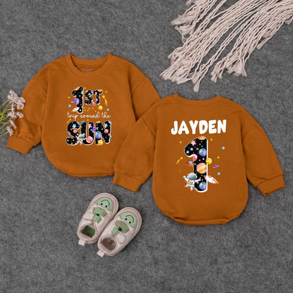 Space-Themed 1st Birthday Romper | Personalized Baby Outfit '1st Trip Around the Sun' | Custom Name Bodysuit | Galaxy Design for Baby Girl or Boy