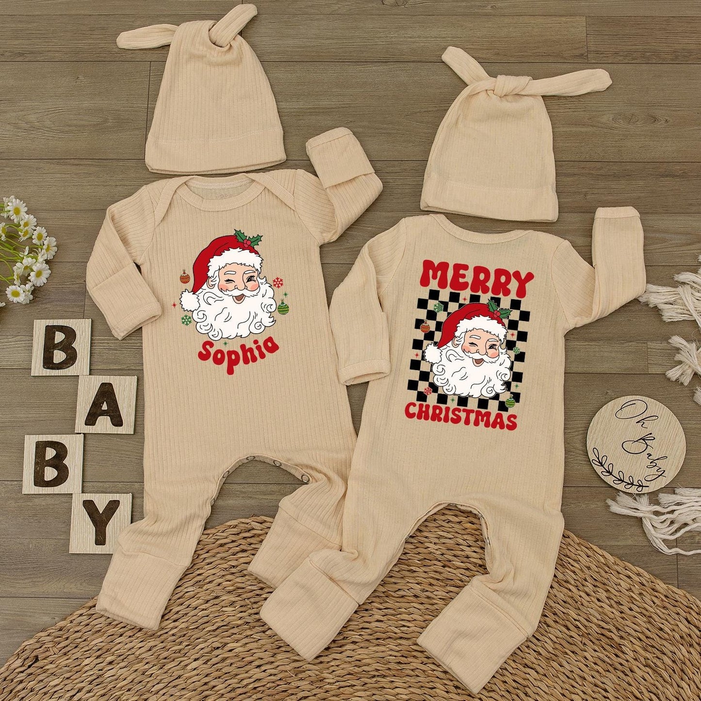 Personalized Santa Baby Bodysuit Cute Neutral Holiday Romper with Hat Custom Name Merry Christmas Gift For Infants