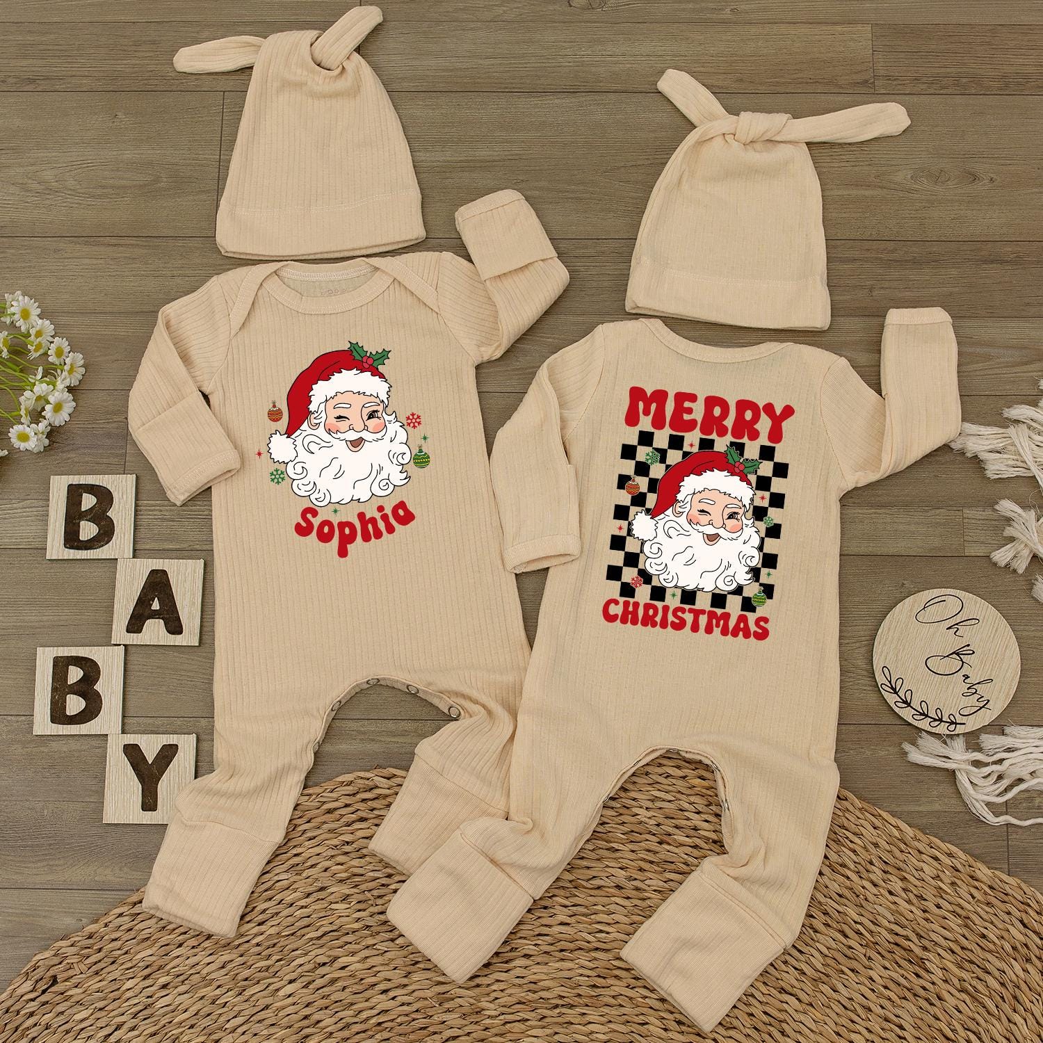 Personalized Santa Baby Bodysuit Cute Neutral Holiday Romper with Hat Custom Name Merry Christmas Gift For Infants