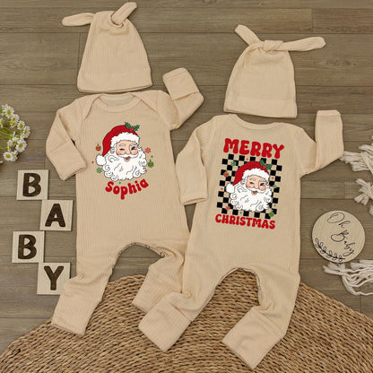 Personalized Santa Baby Bodysuit Cute Neutral Holiday Romper with Hat Custom Name Merry Christmas Gift For Infants