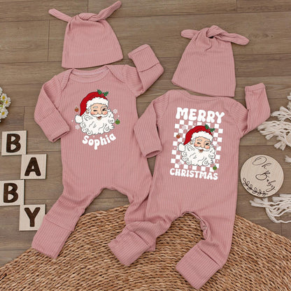 Personalized Santa Baby Bodysuit Cute Neutral Holiday Romper with Hat Custom Name Merry Christmas Gift For Infants