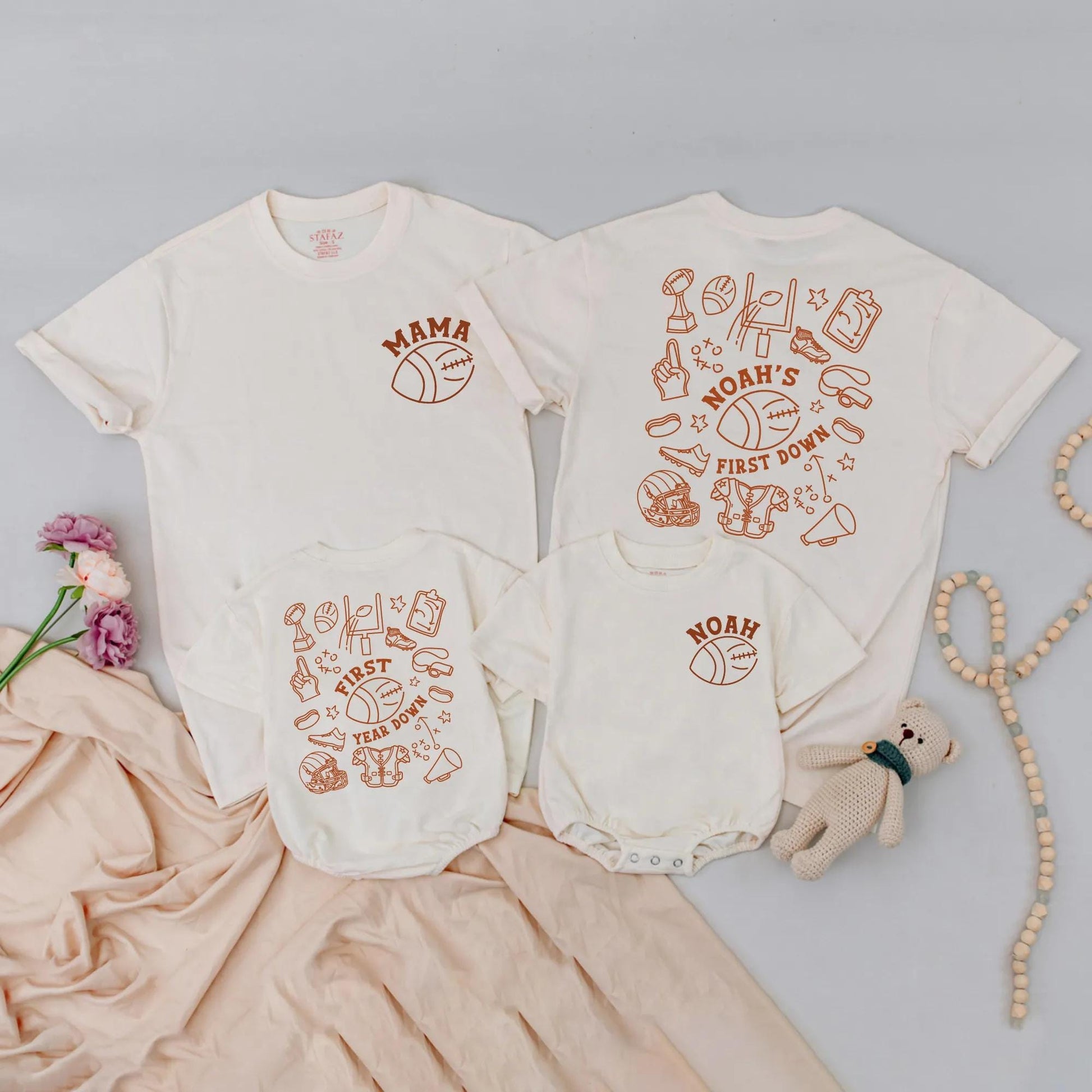 Matching Football 1st Birthday Shirts: Mama & Noah Designs, First Down Year Down Toddler Outfit, Baby Boy & Girl Matching Family Game Day Gift (140 chars)