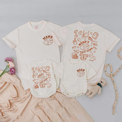 Matching Football 1st Birthday Shirts: Mama & Noah Designs, First Down Year Down Toddler Outfit, Baby Boy & Girl Matching Family Game Day Gift (140 chars)