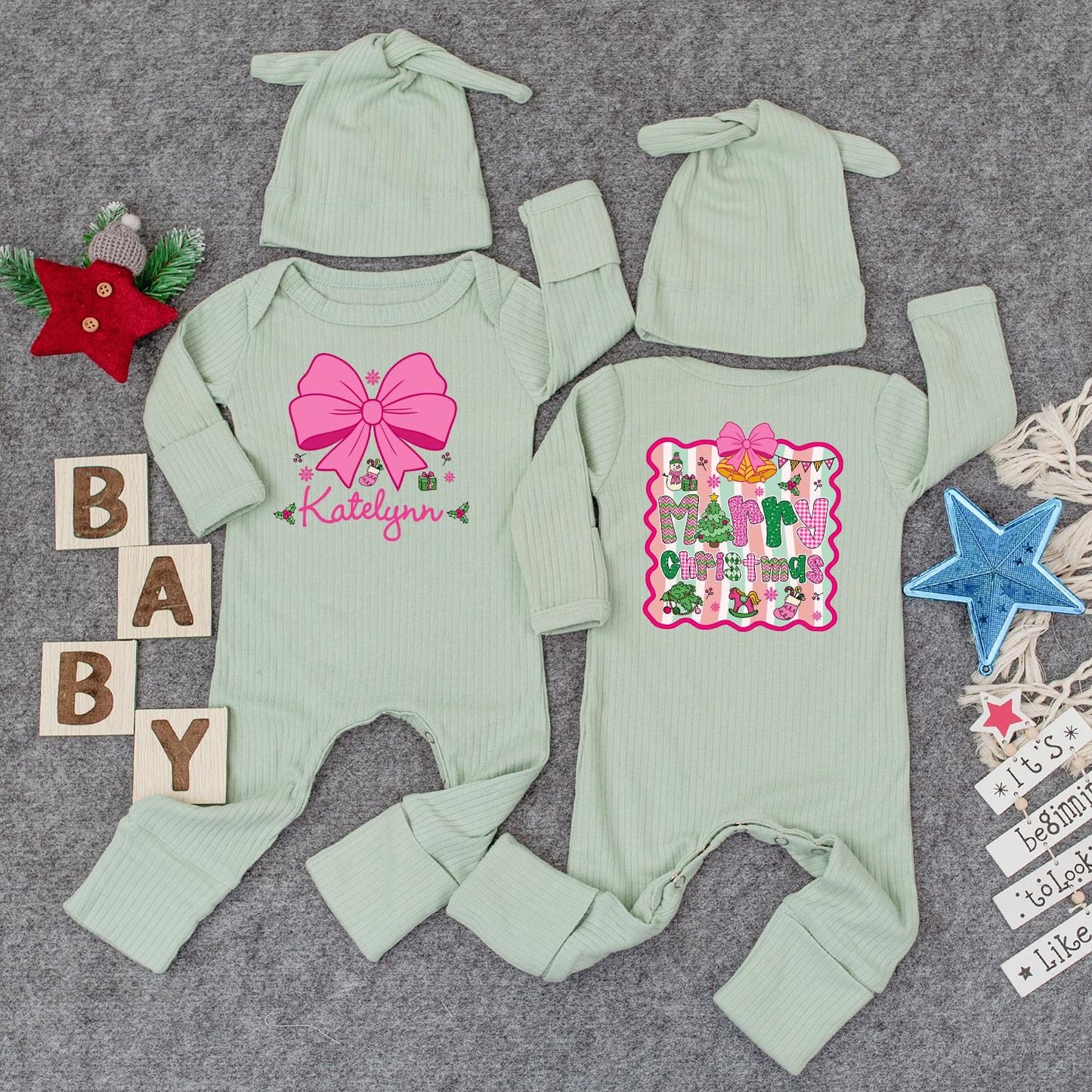 Personalized Christmas Baby Girl Romper with Pink Bow & Hat, Custom Name Holiday Outfit Neutral Xmas Gift Cute Bodysuit, Festive First Christmas (138)